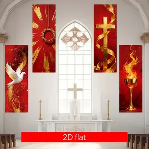 2D Flat Door Curtain Set, 4 Pieces with Biblical Text, Dove, Crown of Thorns, Cross Design, Party Garden Decor, Outdoor Wall Decoration