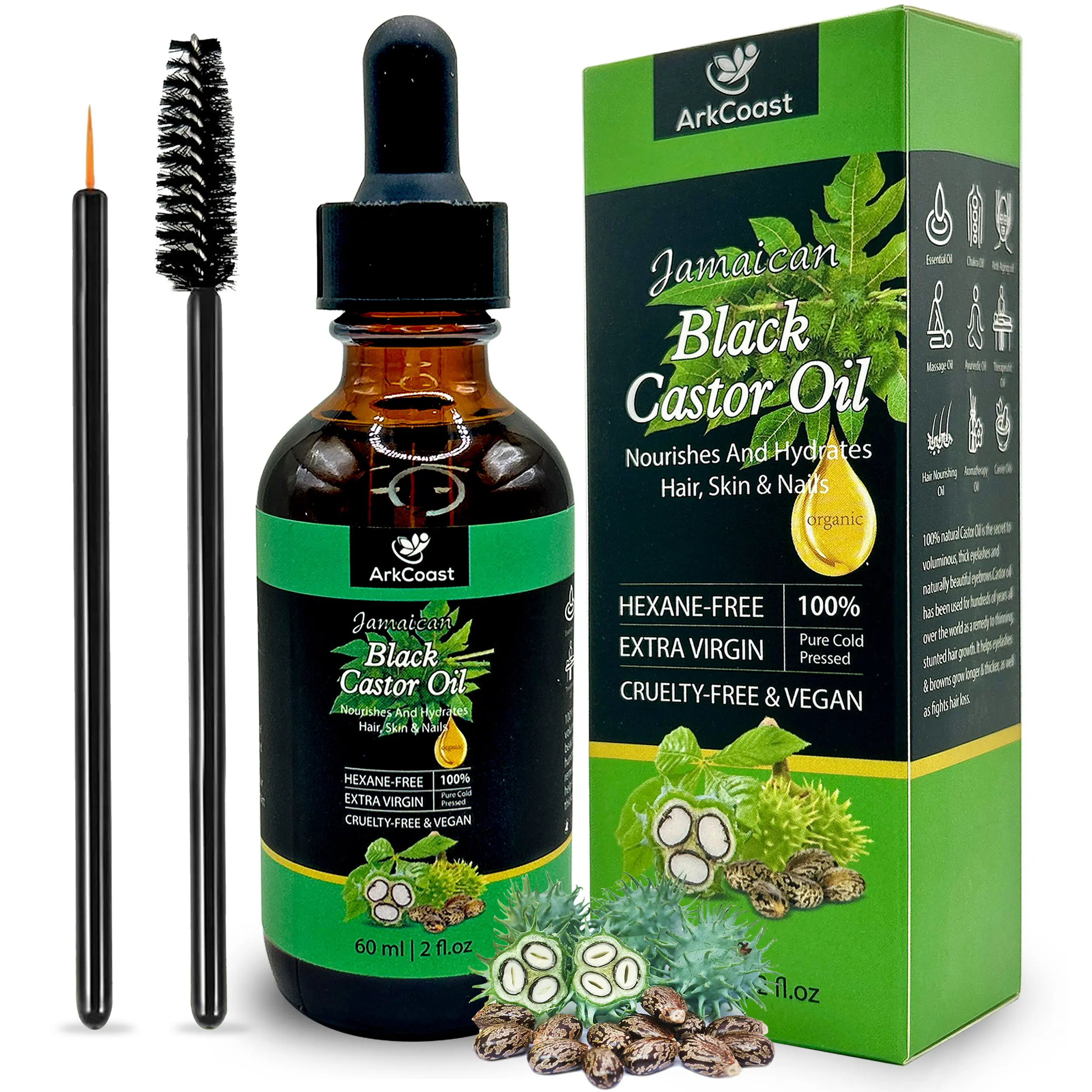 Jamaican Black Castor Oil, 100% Pure Cold Pressed Castor Oil, Moisturizing Multi-Purpose Castor Oil for Hair, Skin, Eyebrows, and Nails, Anti-Aging Organic Castor Oil for Men Women- 60ml