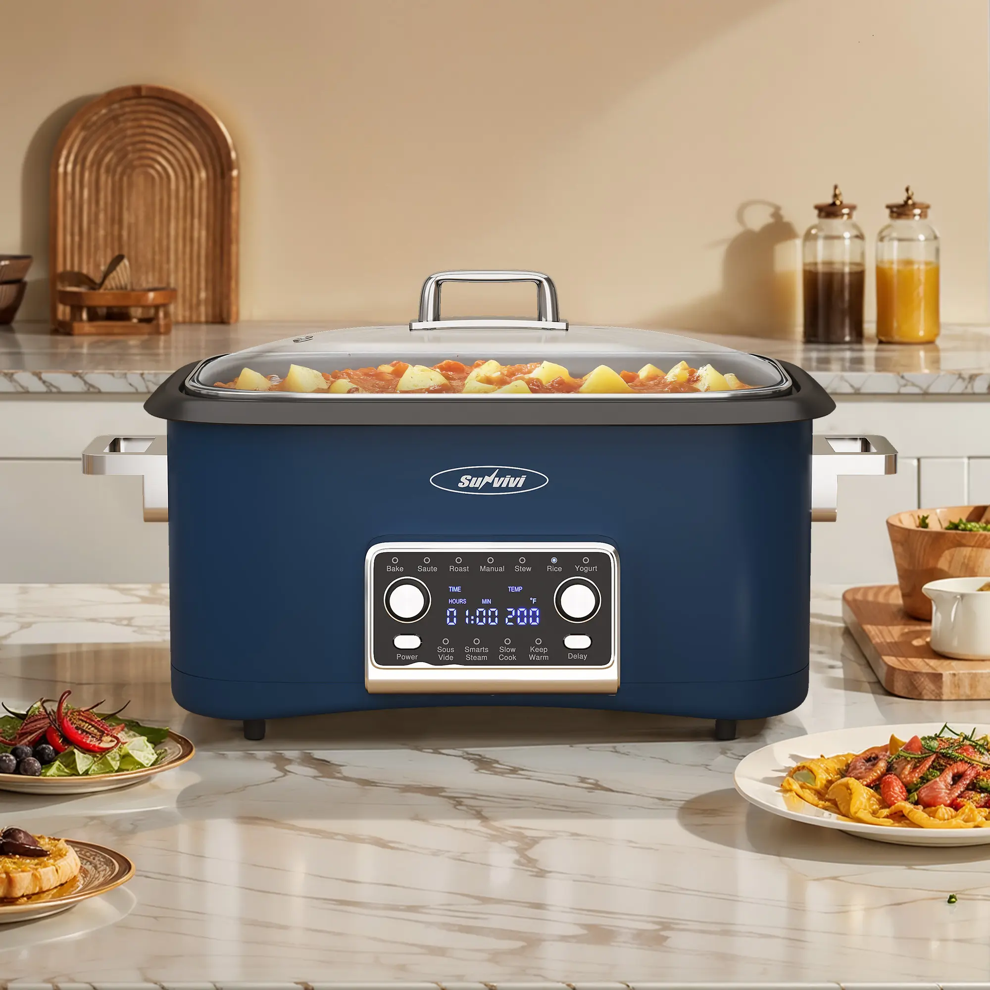 Sunvivi 8 Quart Slow Cooker Roaster Oven, 12 in 1 Programmable Multi-Cooker Food Warmer with Digital Timer, Temp Control, Removable Cast Aluminum Pot & Dishwasher-Safe Tempered Glass Lid, Blue Multifunction Appliance  Ricecooker