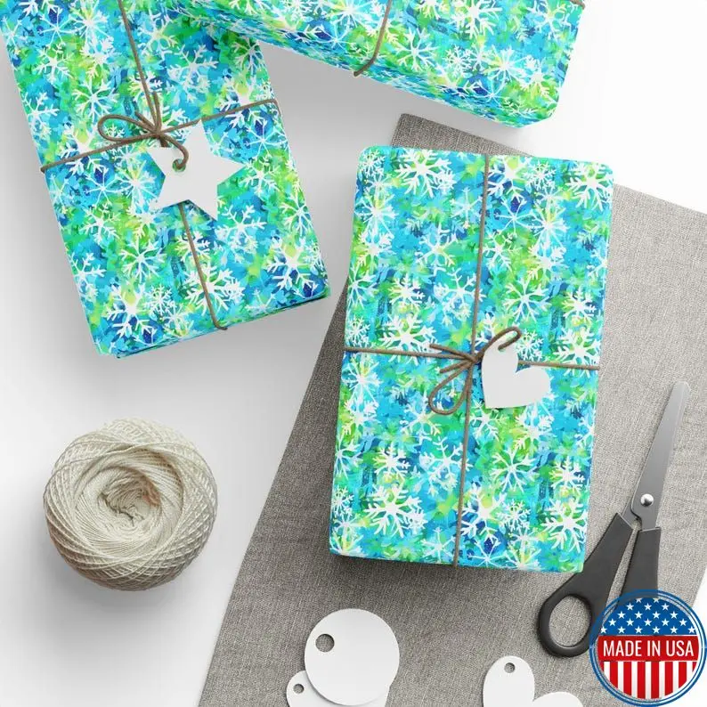 Green and Blue Preppy Watercolor Snowflake Wrapping Paper Lilly-Inspired Christmas Gift Wrap