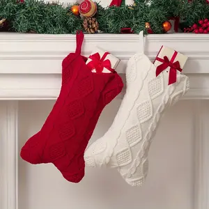 1pc Knit White Christmas Stocking, Bone Shape Dog Stocking, Large Pet Stockings for Dogs Cats, Classic Style, No Feather, Festive Holiday Decor for Home & Kitchen