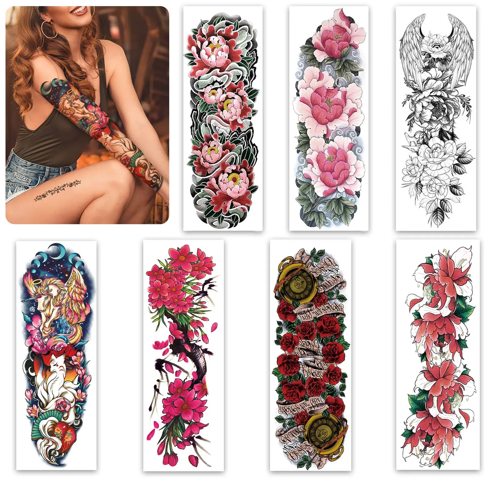 Beautiful Spring Temporary Tattoo for Women and Girls (L19“xW7”),Christmas Full Arm Fake Tattoos Flowers,Waterproof temporary tattoo sleeves Christmas Gift