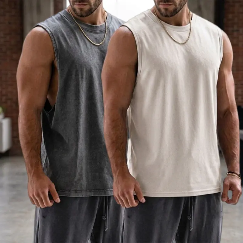 Pack of 2 unisex sleeveless tank tops, minimalist casual versatile style, washed distressed finish for a premium feel, breathable skin‑friendly fabric that stays cool and wicks sweat, classic crew neck design flattering on all face shapes, loose fit suita