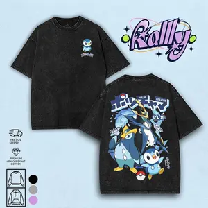 Vintage Piplup Anime Double Oversized Washed Tee Unisex Anime Lover Cotton Fabric men gifts merch Stylish Clothes Streetwear Relaxed Fit