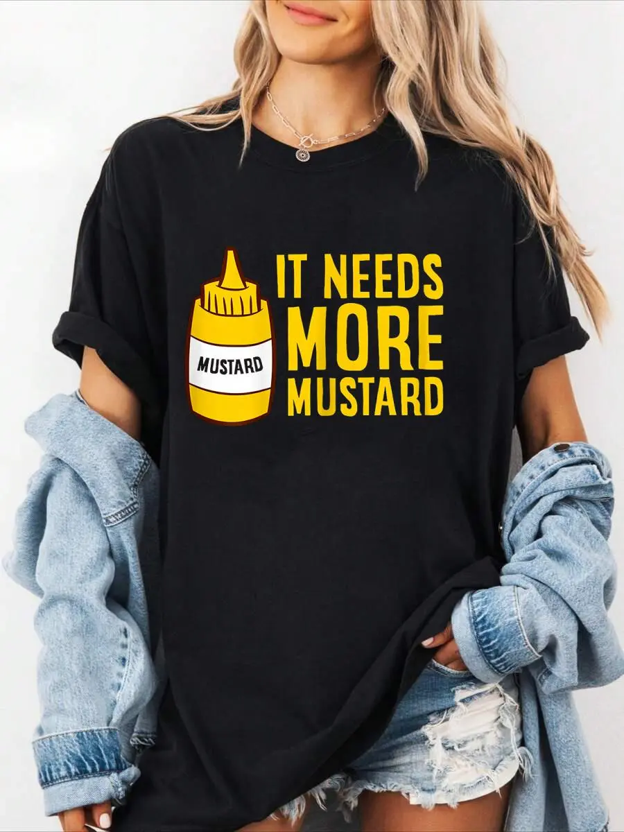 100% cotton Mustard Squeeze Bottle It Needs More Mustard Yellow Mustard T-Shirt Women Graphic T-Shirt Cotton Print short Sleeve Casual Top, Summer Tee Womens Tops