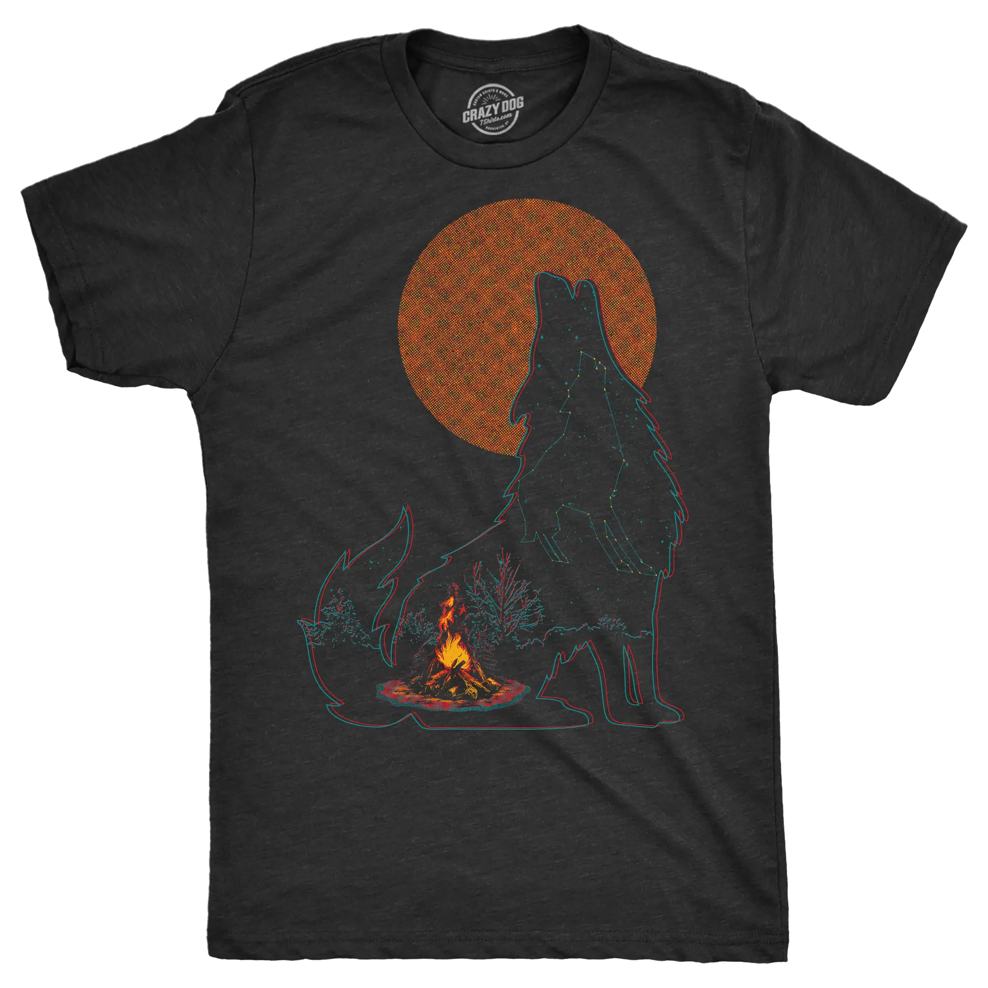 Mens Funny T Shirts Campfire Wolf Sarcastic Nature Graphic Novelty Tee for Men Mens Funny T Shirts Cool Vintage Fashion T-Shirt Gift Classic Menswear Animal Apparel for Men Funny Camping Short Sleeve Novelty Black -