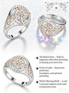 Women's Silver Color Rose Gold Witch Knot Ring, Celtic Knot Design, Embedded Cubic Zirconia Stone, Elegant Jewelry Accessory