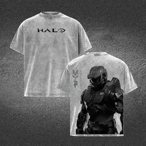 Halo Master Chief Double Printed Acid Washed Tee Vintage Gaming Graphic T Shirt Oversized Loose Fit Soft Cotton Short Sleeve Crew Neck Retro Streetwear Lightweight Casual Daily Wear Trendy Gamer Top Holiday Gift for Men Women