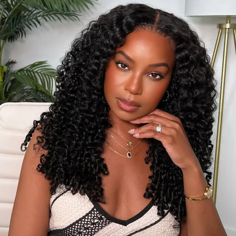 [3 in 1 Half Wig] Mihugass Burmese Curly Half Wig Human Hair Wig Wear Go Glueless Wig with Drawstring Band Clip in Wig for Women Seamless Flip Headband Wig Beginner Friendly Wig