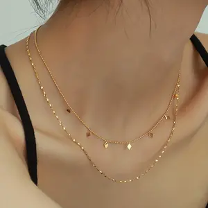 Gold Double Layer Rhombus Sequin Necklace, Titanium Steel Dainty Clavicle Chain for Women