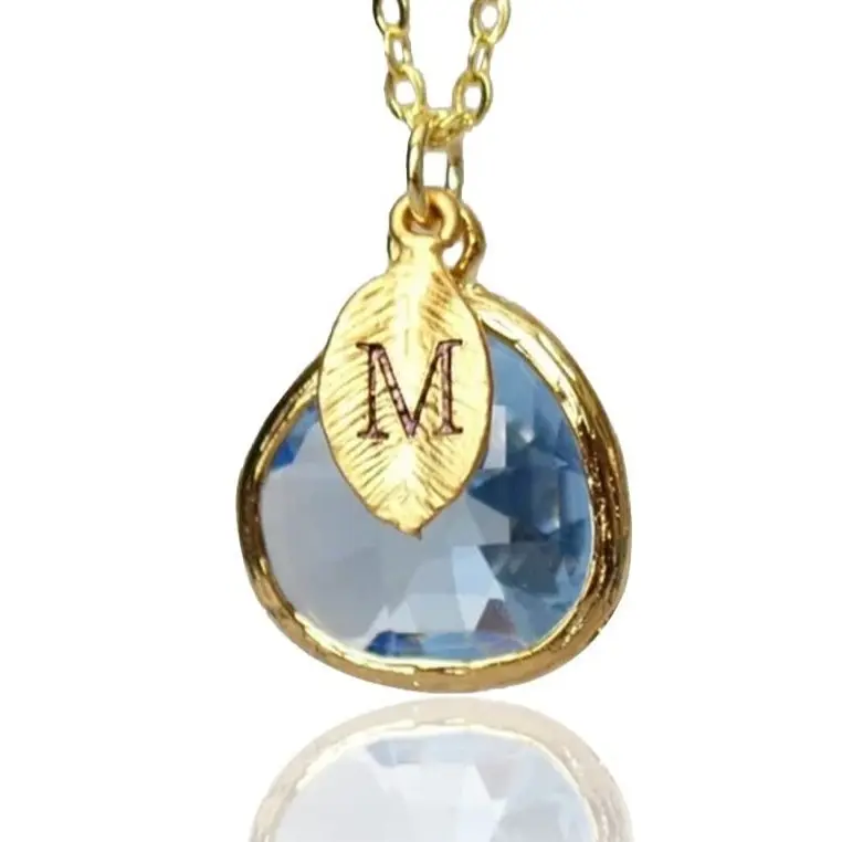 Personalized Blue Topaz Necklace - Custom Initial Leaf Pendant, 12.5x16mm Glass Pendant, 16", 18", 20" Chain Options, Bridesmaid Gift