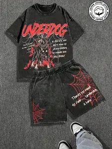 Men's Washed 'underdog' 2-Piece Shorts Set, Dobby Dog & Web Print Tee + Matching Shorts, Dark Street Style Summer Essential