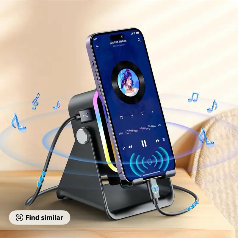 ￼ PUTARE Wireless Induction Audio Speaker Stand, 5in1 Cellphone Holder, 3500mAh Rechargeable Emergency Power Bank,360° Adjustable Mobile Tablet Stand with Colorful Ambient Light Gifts for Men Women SummerWins
