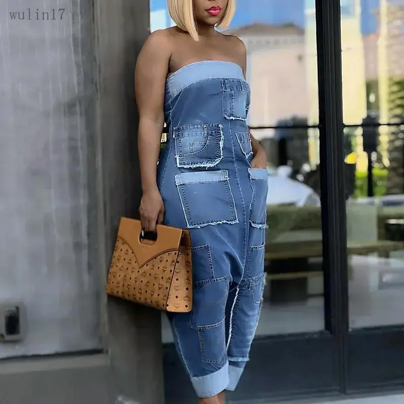 Women's 2026 2-Piece Basic Denim Overall Jumpsuit Clothes Set - Sleeveless Tube, Strapless Off-Shoulder, Fitted Minimalist Multi-Pocket Jeans, Casual Comfy Overalls for Party, Club Wear (Check Standard Sizes), Lady