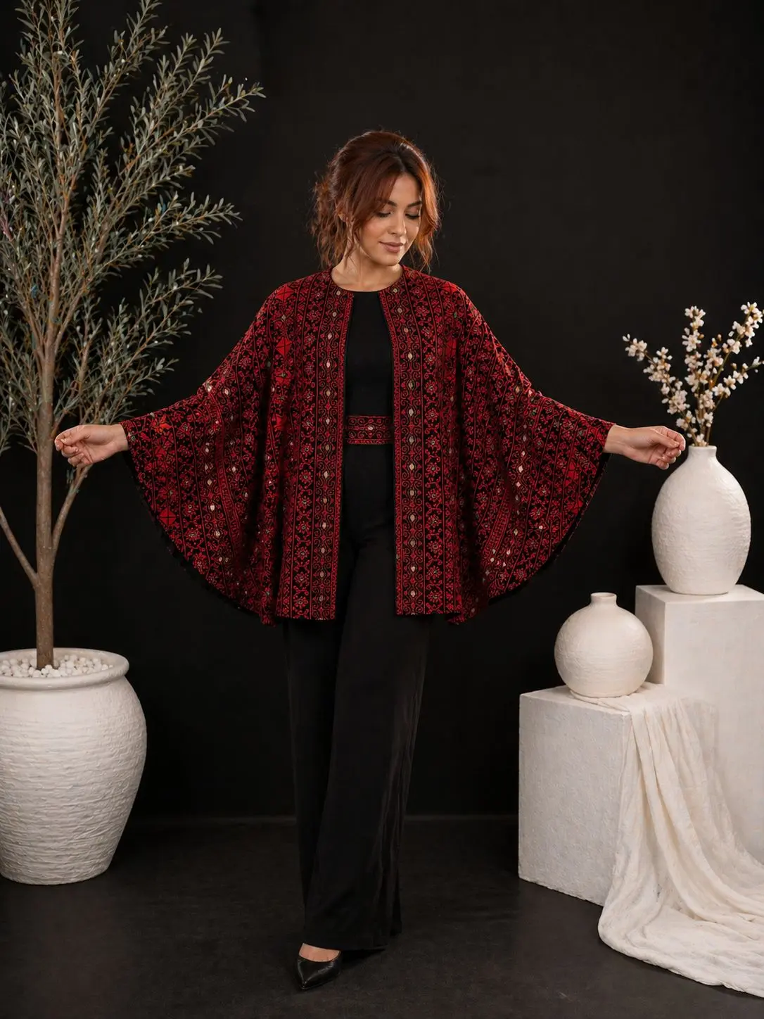 Stunning Red Embroidered Butterfly Sleeve Comfort Suit Blazer for Women Perfect for Official Occasions Womenswear جاكيت بليزر مطرز للمناسبات