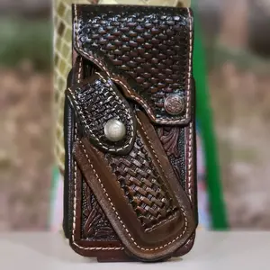 Western Phone Holster Genuine Leather Phone Belt Holster and Knife Holder Hand Tooled button closure Handmade in Mexico