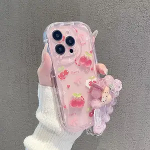 Bowknot Rabbit 3D Cherry Pink Chain Protective Case Protection Compatible For iPhone 15 14 7 8 Plus 15 14 12 Pro Max 16 13 11 Pro XR XS X SE Cartoon Girl Transparent Phone Cover Cases