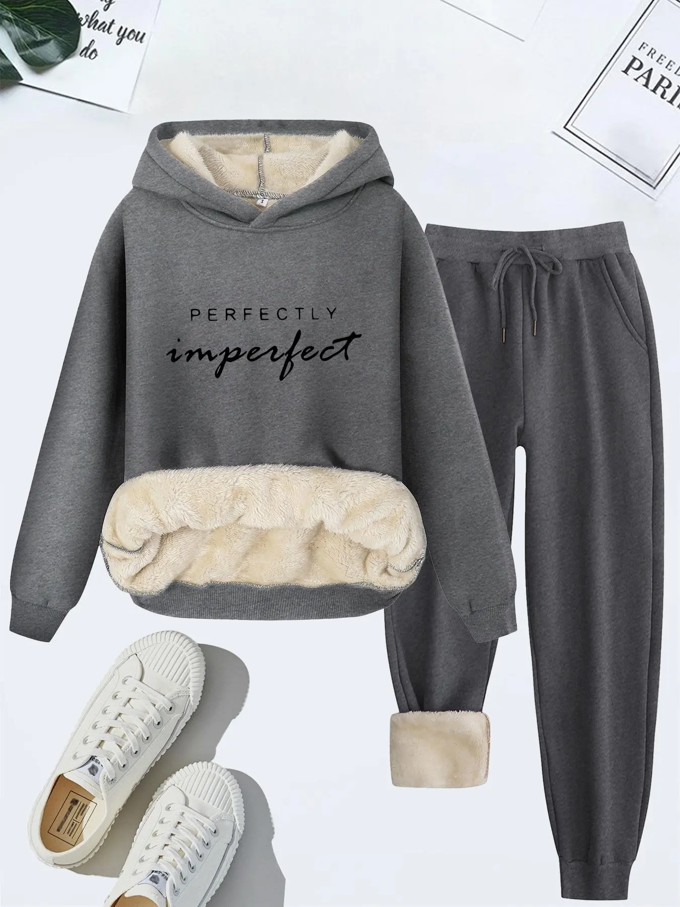 Women's Letter Print Thermal Lined Hoodie & Drawstring Waist Sweatpants Two-piece Set, Casual Long Sleeve Hooded Sweatshirt & Pocket Pants, Women's Fall & Winter Clothes Outfit