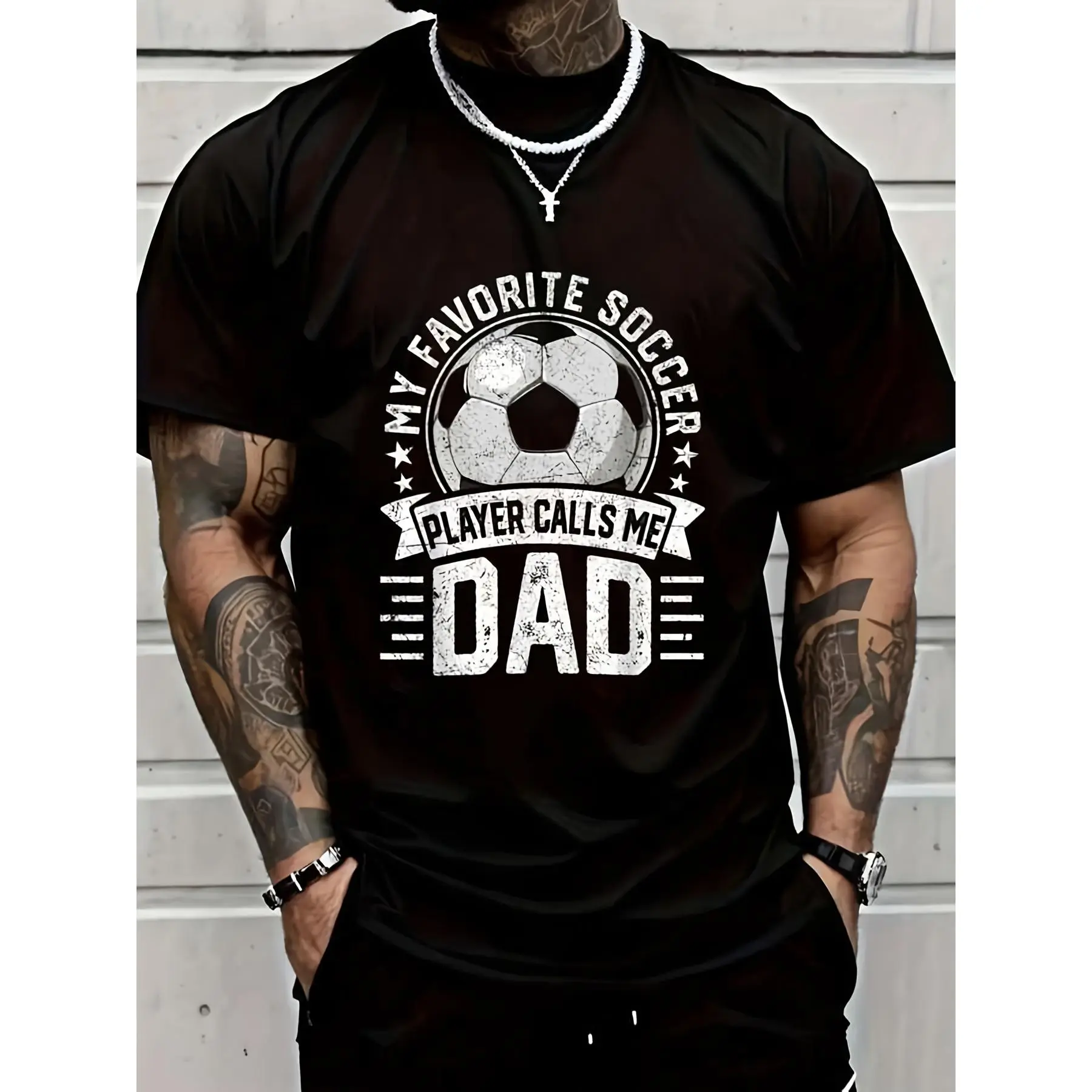 Mens Casual Round Neck Short-Sleeve Streetwear T-Shirt - "My Favorite Soccer Player Calls Me Dad" Father's Day Menswear Top