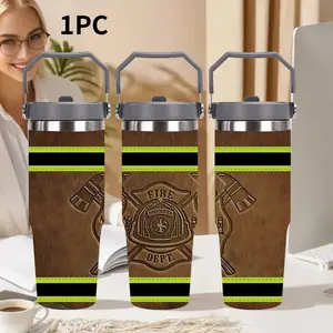 1pc 30oz Stainless Steel Water Bottle with Lid, American Fire Department Emblem Design, Ideal for Travel, Sports, Coffee Lovers Gift
