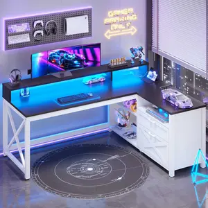 SEDETA Farmhouse L Shaped Desk 55" with Drawers, LED Lights, Power Outlet & Monitor Shelf, Ideal for Home Office Use Gamer