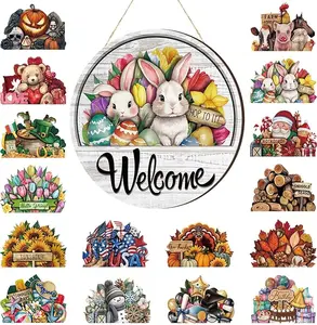 12 Inch Changeable Magnetic Welcome Door Sign, 17 Pcs Interchangeable Wooden Front Door Decor for Easter St. Patrick's Day Spring, Graduation Birthday, Rustic Seasonal Hanging Wall Porch Decor, Housewarming Gift for Home Office Living Room Garden Outdoor