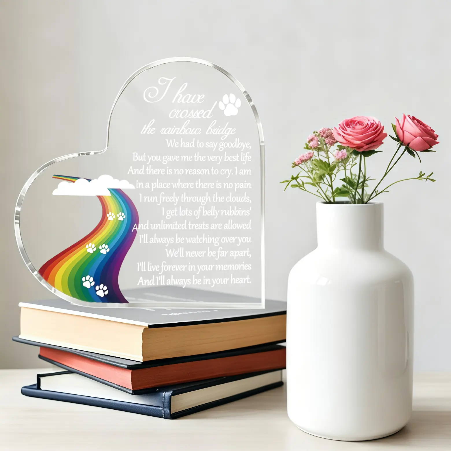 Heart Shaped Rainbow Bridge Acrylic Pet Memorial Plaque Paw Print Poem Home Decor Sign Sympathy Grief Gift for Dog Cat Loss Remembrance Desktop Decor
