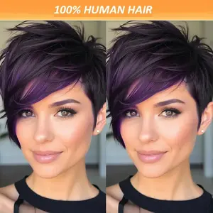 New Fashion 2025 Women'S Purple Pixie Cut Human Hair Wig with Bangs - Natural Brown to Violet Ombre, Straight Layers & Bangs, Full Machine-Made Virgin Hair Wig with Rose Net, Short Hair Wig, Versatile Hairpiece, Sleek Hairpiece, Secure Fit Wig