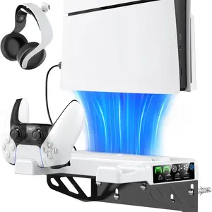 PS5/Slim/Pro Wall Mount Kit with Cooling Fan & Charging Station, Charging Dock, PS5 Shelf Floating Mount for All PlayStation 5/Slim/Pro Disc & Digital Console, PS5 Wall Bracket Behind TV, PS5 Pro Accessories