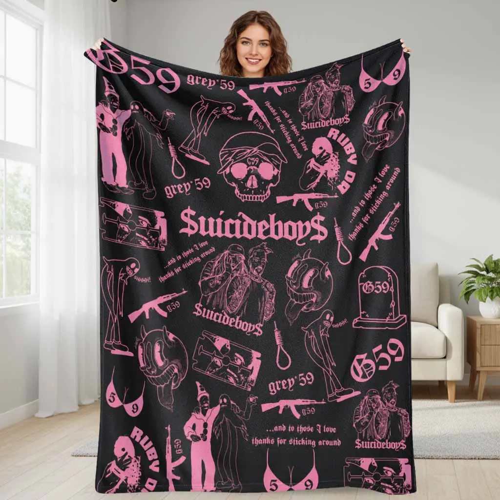 Suicideboys Gothic Aesthetic Pink Skull Print Flannel Blanket - Super Soft, Warm, Lightweight Throw for Bedroom, Sofa, Gift for Fans