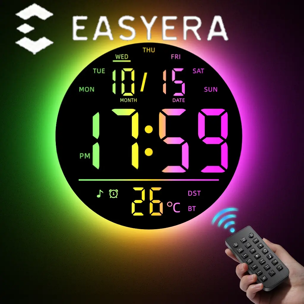 <Backtoschool>EASYERA 10" RGB Circle Digital Wall Clock with Remote Control, Music-Sync, Round clock with RGB Atmosphere Lights with 11 Scenes Mode, Dual Alarms, Timer Clock for ADHD, Focus Tool, Classroom, Game Decor Goods Auto Dst Adjustment homedecor