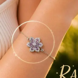 925 Sterling Silver Rotatable Purple Cubic Zirconia Flower Slider Bracelet, Kinetic Spinning Floral Charm, Hypoallergenic Anxiety Relief Jewelry for Women