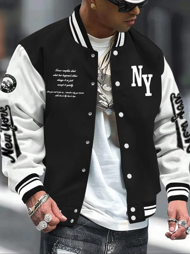 Men's Letter Print Baseball Collar Bomber Jacket, Loose Casual Sporty Long Sleeve Varsity Jacket for Fall & Winter, Men's Outerwear for Daily Wear