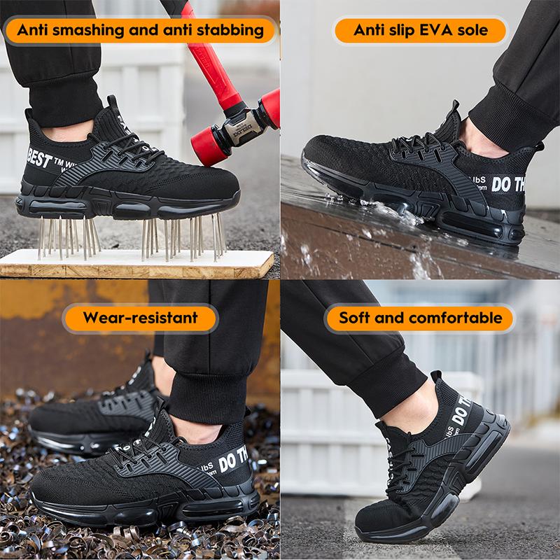 Ultra-light men’s safety shoes with steel toe protection and Kevlar puncture resistance, breathable mesh upper, non-slip sole—ideal for factory and warehouse work. Protect your feet and safely navigate every workday.