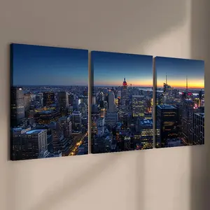 New York City Skyline Wooden Framed Wall Art, Modern Cityscape Print Artwork, 3 Counts/Set, High Definition Premium Print, Fade Resistant Odorless Ink Art, Perfect Wall Decor For Living Room Bedroom Office Apartment Interior Space