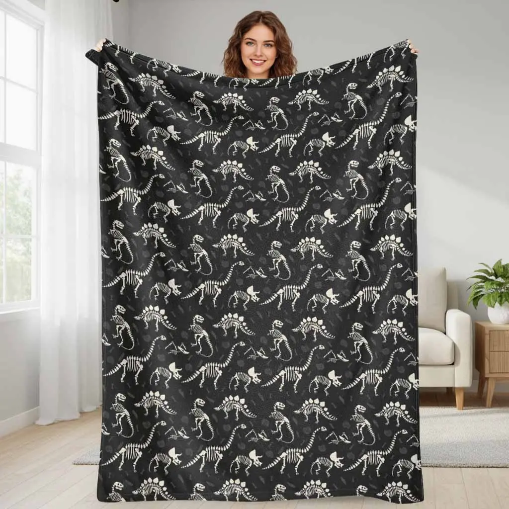 Dinosaur Skeleton Flannel Blanket Prehistoric Fossil Print Super Soft Lightweight Cozy Warm Fleece Throw for Bedroom Sofa Living Room Couch Camping Travel Office Nap Bedside Decor