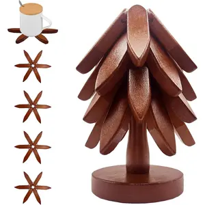 Wooden Trivets for Hot Dishes, Tree Shape Trivet Set, 4 Wooden Trivets + 1 Stand, Stackable Christmas Tree Design, Natural Foldable Kitchen Wooden Trivet, for Pans, Pot, Bowl, Teapot, Hot Pot Holder