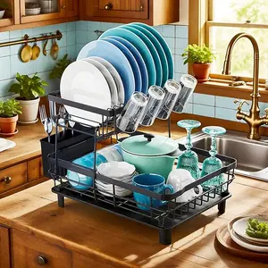 2 Tier Dish Drying Rack Dish Racks for Kitchen Counter Metal Dish Drainers with Knife Cup Utensil Holder, Black