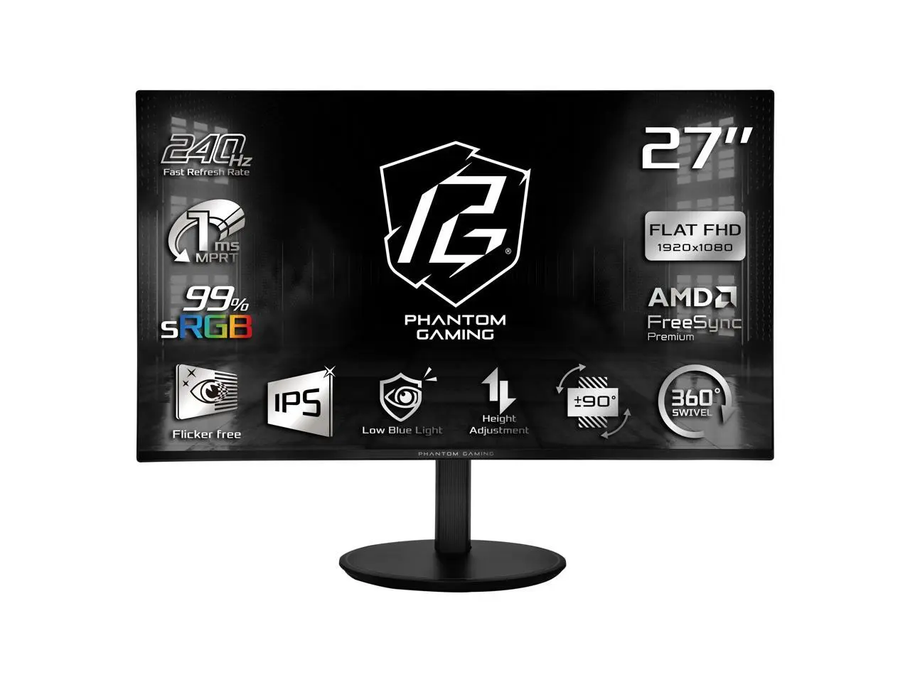 ASRock Phantom Gaming 27 inch Full HD 240Hz IPS FHD AMD FreeSync Premium (Adaptive Sync) 1ms Gaming Computer Monitor with Height Adjustable, Pivot, Swivel & Tilt Stand PG27FFS2E