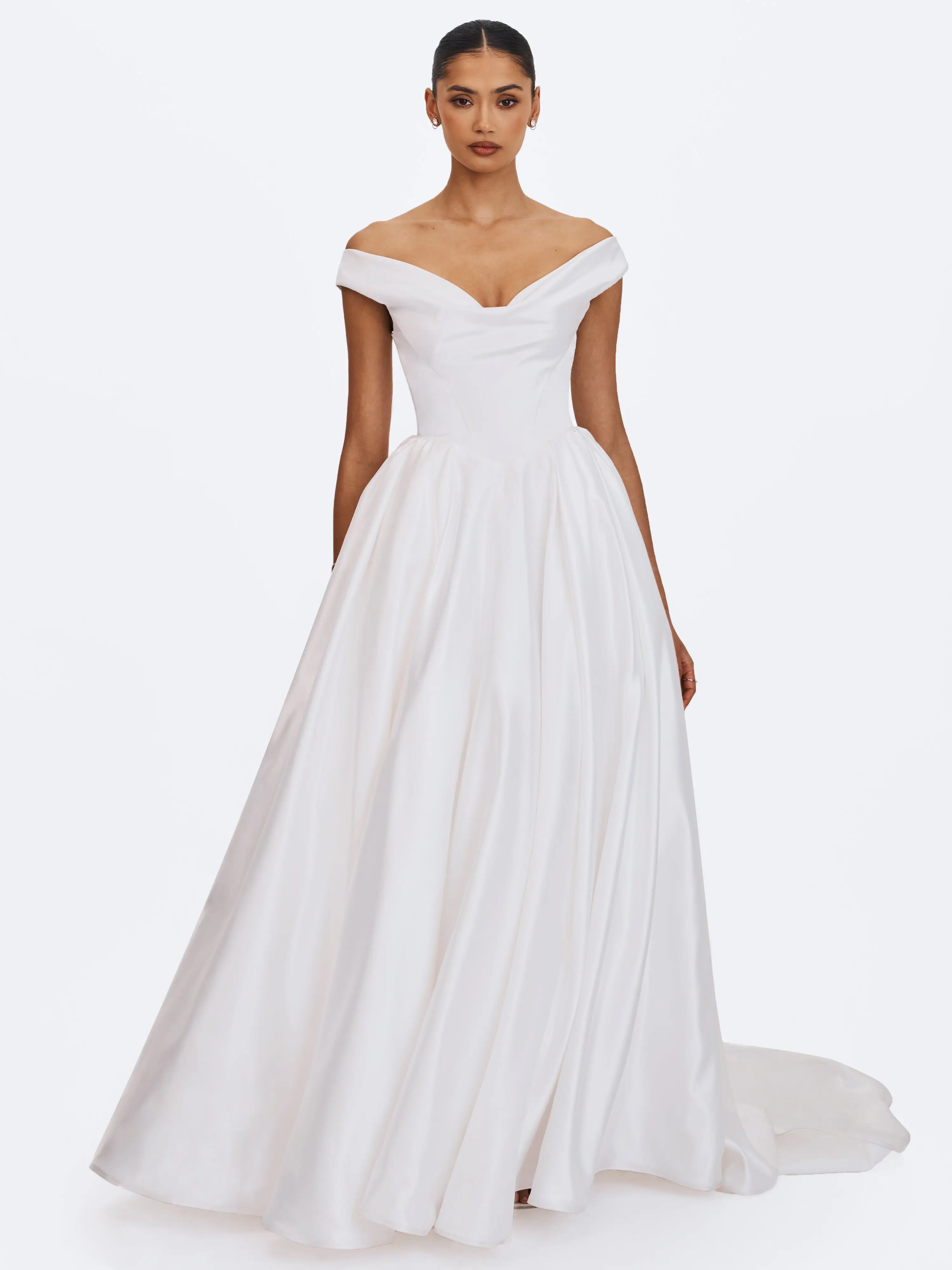 Unna White Satin Bardot Cowl Wedding Gown Unna White Satin Bardot Cowl Wedding Gown