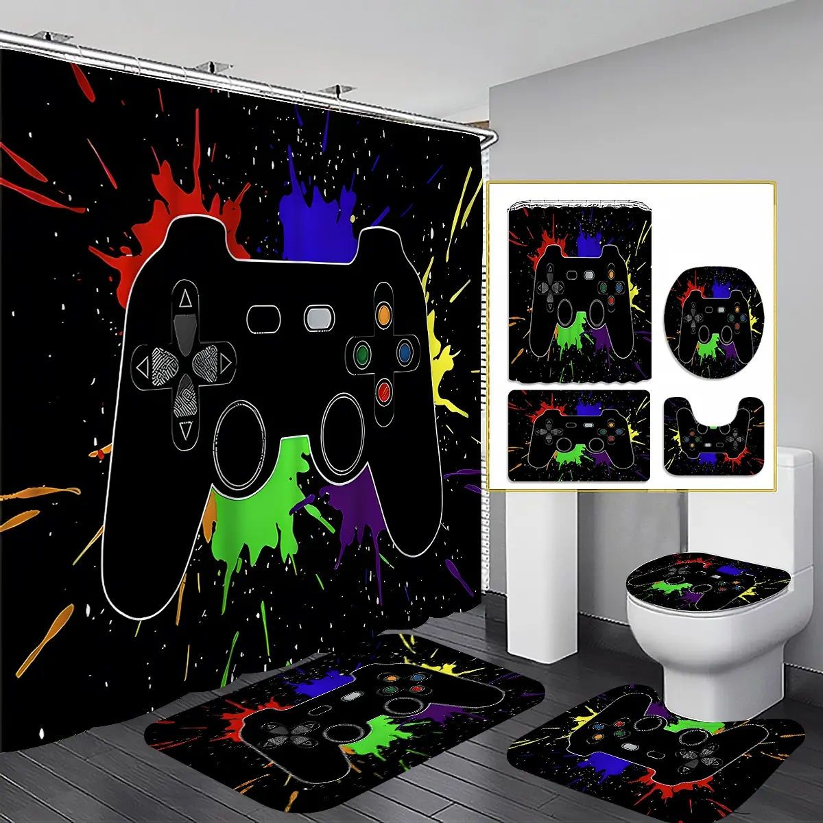 Classic Game Controller Design Shower Curtain Set, Includes Non-Slip Mat and Toilet Lid, Colorful Bathroom Decor, Bathroom Curtains Shower, Shower Essentials, bathroom supplies, Casual Style, Restroom