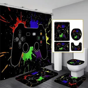 Classic Game Controller Design Shower Curtain Set, Includes Non-Slip Mat and Toilet Lid, Colorful Bathroom Decor, Shower Essentials, bathroom supplies, Casual Style, Restroom