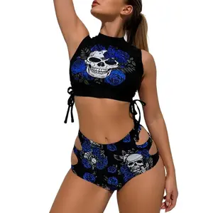 Women's Elastane Blend 2-Piece Bikini Swimsuit - European & American Fashion, Sexy Black Skull Design, Flattering Cut, Hollow Waistband Triangle Bottoms, Beach Sports Bathing Suit, Bikini Outfits