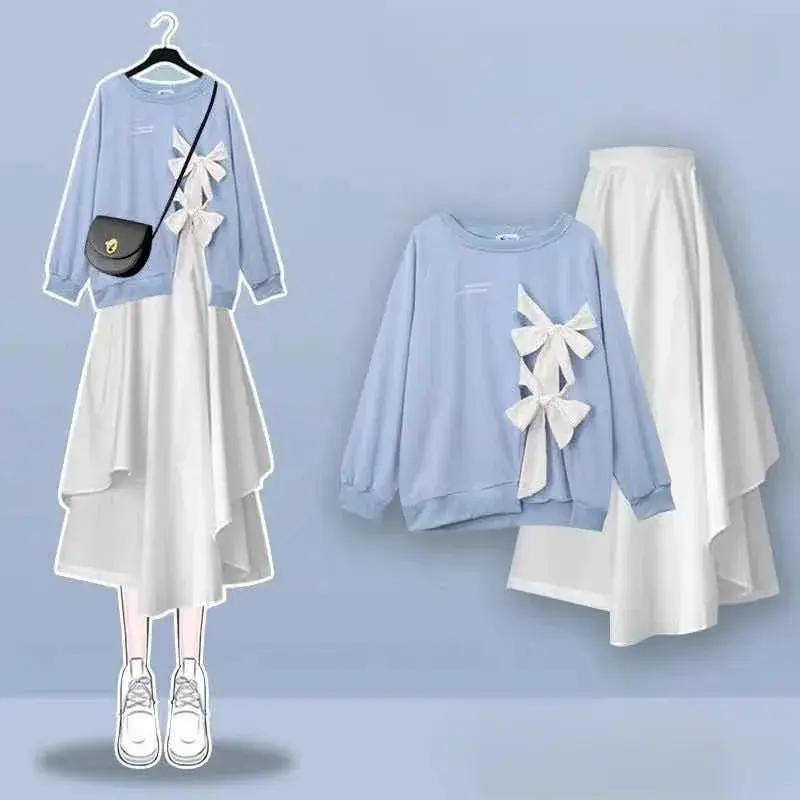 Korean Style Bow Knit Long-sleeved T-shirt Tops Ruffle Ruffle Skirt Elegant Women Skirt Suit Street Casual Outfits Tracksuit