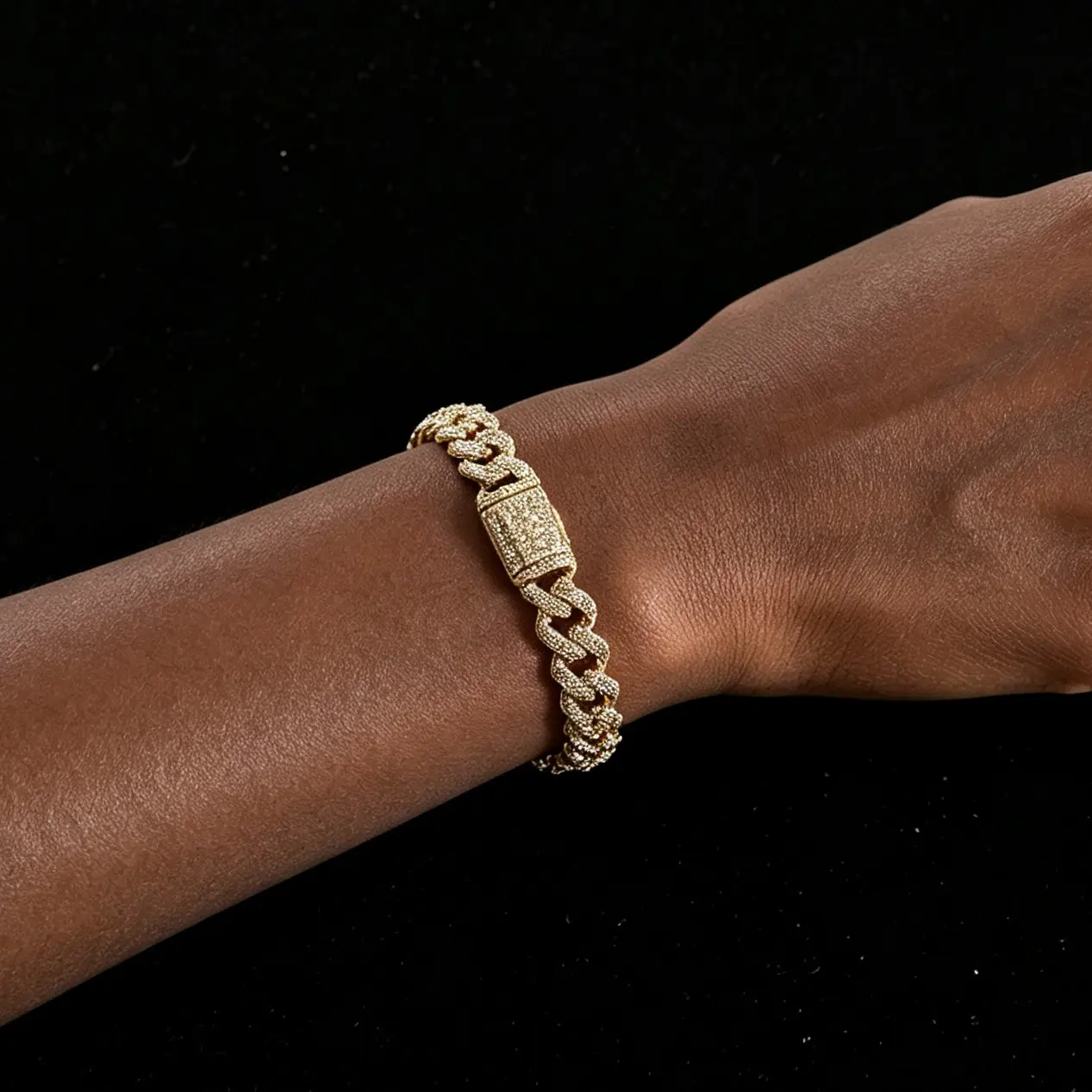 8.5mm 14K Real Gold Plate Double Row Full Iced Out Cubic Zirconia Cuban Link Bracelet, Anti-Tarnish Secure Box Clasp Hip Hop Miami Wrist Jewelry