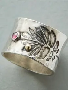 Boho Retro Style Silvery Carved Wide Leaves Ring with Pinkish Zircon Inlay, Sparkling Zircon Inlay, Unique Rings - Perfect for Daily Outfits, Parties, Vacation, Music Festival