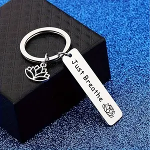 Just Breathe Yoga Lotus Charm Keychain - Stainless Steel - Men's Key Rings - Gift for Yoga Enthusiasts