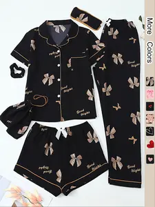 Women's All Over Print Top & Shorts & Pants & Accessories Pyjama Set, Casual Comfy Pj Set, Ladies Sleepwear for All Seasons Pajamas