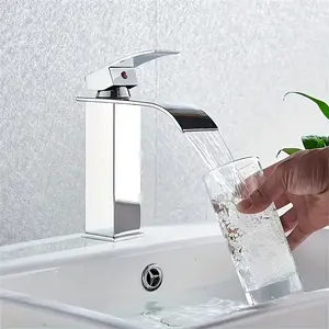 Electroplated Waterfall Bathroom Faucet, Modern Single Handle Vanity Stainless Steel Tap, Easy Installation, Matte Finish