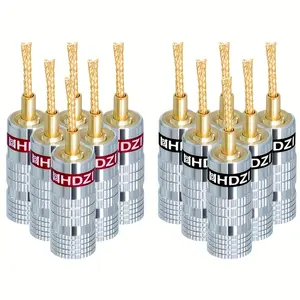 Silver braided banana plug, brass plated 24K gold, speaker plug with double screw connector for speaker cable, home theater, audio/video receivers, and sound systems